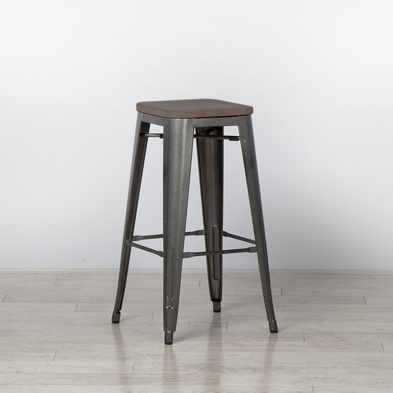 Grey Tolix Style Stool Wooden Seat