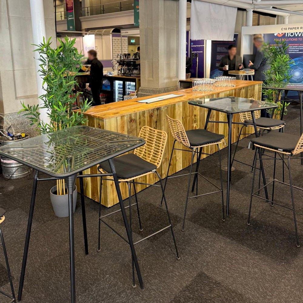 4m rustic bar for hire alongside our Miami furniture collection.